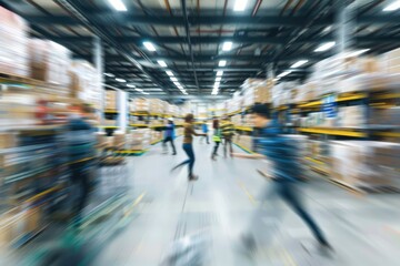 Obraz premium Blurred image of warehouse employees in action