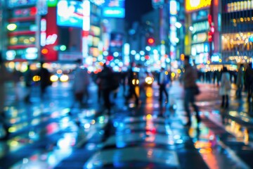 Fototapeta premium Blurry city street scene, crowd of people walking, vibrant evening lights, busy urban environment, motion blur