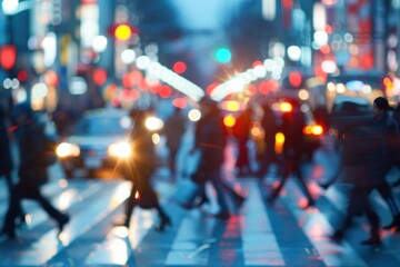 Fototapeta premium Blurry city street scene, crowd of people walking, vibrant evening lights, busy urban environment, motion blur