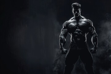 Bodybuilding fitness banner with muscular bodybuilder flexing muscles posing on black background