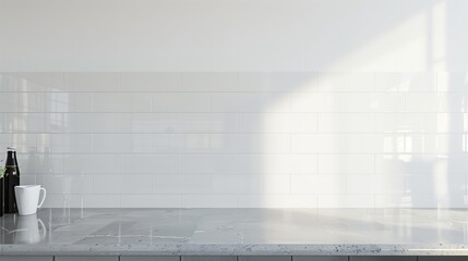 empty space with a sleek kitchen wall with glossy white tiles and a smooth granite tabletop floor, providing a minimalist and stylish kitchen background. 