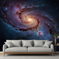 Modern living room with image of a galaxy on the wall