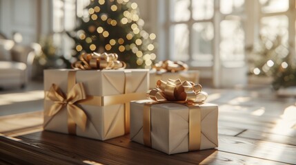 Christmas presents with tree in background