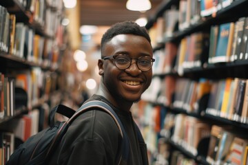 Obraz premium Cheerful male international student with backpack, standing near bookshelves at university library or book store