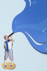 Boy, child in sailor clothes, looking in spyglass, dreaming of summer adventures and cruises. Abstract blue waves background. Contemporary art collage. Concept of childhood, travelling, vacation