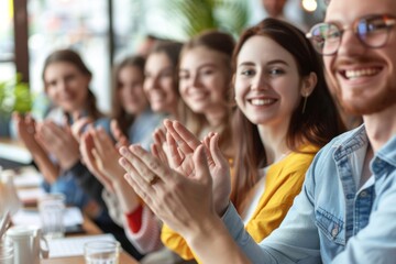 close up. cheerful company employees applauding their colleague