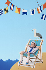 Fototapeta premium Young boy dressed as sailor relaxing on beach chair under colorful flags, with seagull against blue background. Contemporary art collage. Concept of childhood, travelling, vacation, creativity