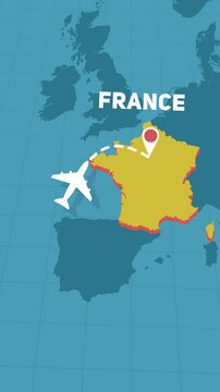 airplane travel fly to France in Europe motion graphics animation with map - vertical social media