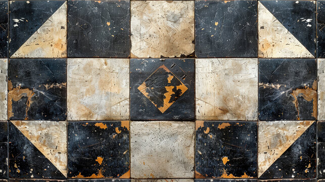 Old gray grey white vintage retro worn geometric arabesque shabby mosaic ornate patchwork motif porcelain stoneware tiles stone concrete cement wall texture background panorama.