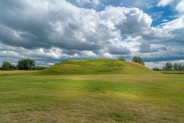 Fototapeta premium Landscape with sky and clouds. Empty green field.