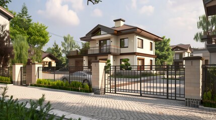 Fototapeta premium Modern Suburban House with Gated Entrance and Lush Landscaping