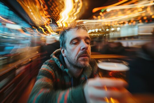 Alcohol addiction concept. Absolutely drunk man with a pint going from a pub, blurred vision, blurred picture