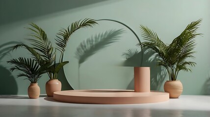 Fototapeta premium product display podium with shadow nature leaves on white background. 3D rendering