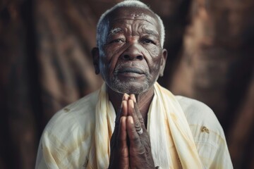 Naklejka premium An elderly man of African ethnicity praying. Christian religious prayer and devotion banner with copy space