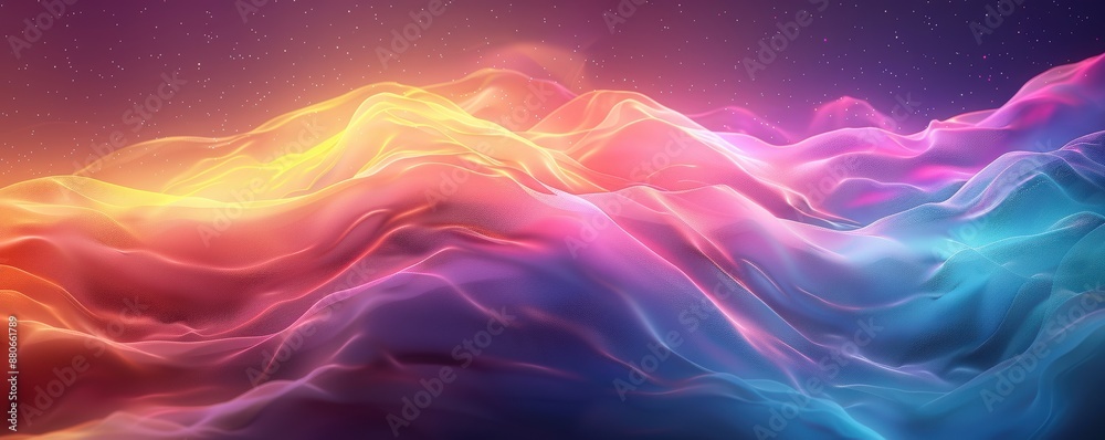 Poster vibrant abstract gradient background with flowing waves in neon colors, creating a dynamic and color