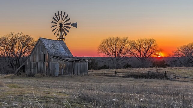 Old barn and windmill at sunset in rural landscape