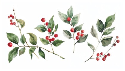 A set of watercolor illustrations of holly branches with red berries. The images are perfect for use in holiday cards, invitations, and other festive projects.