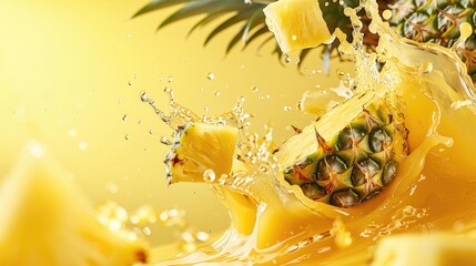 Pineapple Juice Splash and Chunks on Yellow Background