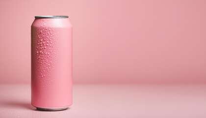Pink aluminum can with water drops on pink background. Carbonated soda. Tasty beverage. Mock up