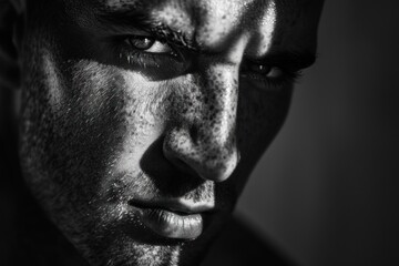 Obraz premium A black and white close up portrait of a man with dramatic lighting emphasizing the eyes