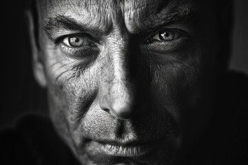 Obraz premium A black and white close up portrait of a man with dramatic lighting emphasizing the eyes