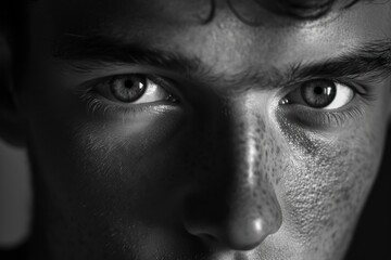 Naklejka premium A black and white close up portrait of a man with dramatic lighting emphasizing the eyes