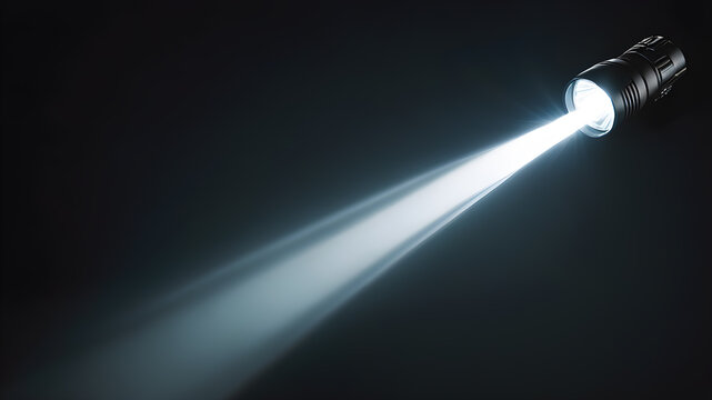 Flashlight and beam of light on a dark background. Generative AI