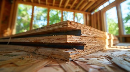 Stack of wooden planks in a house under construction