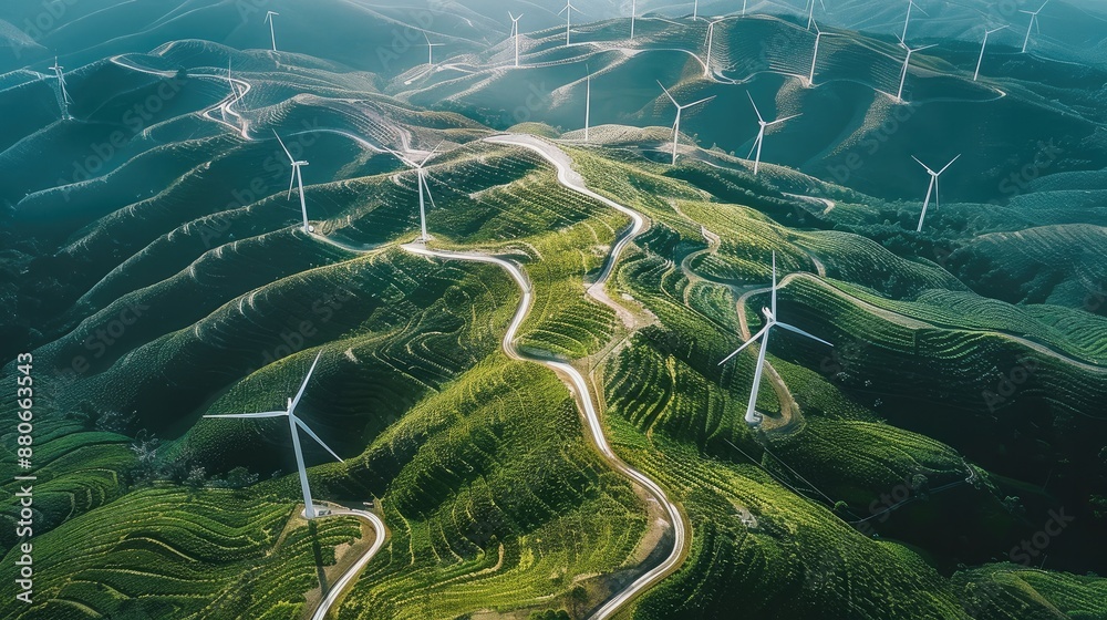 Poster many wind turbines facing right, wind turbines and solar panel field on a mountain. aerial high view