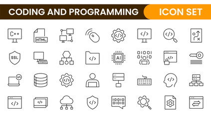 Programming coding set of web icons in line style. Software development icons for web and mobile app. Code, api, programmer, developer, information technology, coder and more.