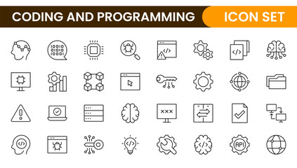 Programming coding set of web icons in line style. Software development icons for web and mobile app. Code, api, programmer, developer, information technology, coder and more.