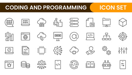 Programming coding set of web icons in line style. Software development icons for web and mobile app. Code, api, programmer, developer, information technology, coder and more.