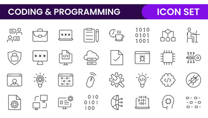 Programming coding set of web icons in line style. Software development icons for web and mobile app. Code, api, programmer, developer, information technology, coder and more.