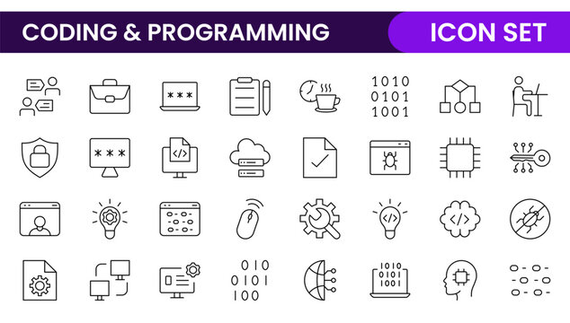 Programming coding set of web icons in line style. Software development icons for web and mobile app. Code, api, programmer, developer, information technology, coder and more.