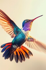 Fototapeta premium A hummingbird hovers in mid-air, its long, thin beak outstretched