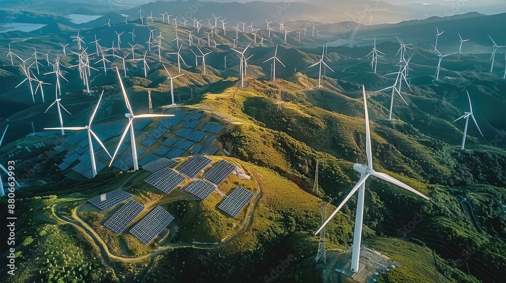 Poster many wind turbines facing right, wind turbines and solar panel field on a mountain. aerial high view