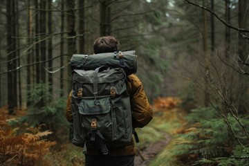 A hunter carrying a backpack filled with essential gear, standing at the entrance of a forest