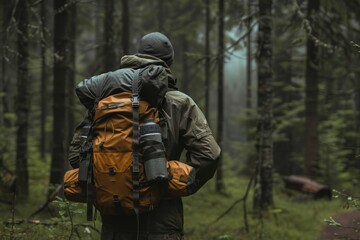 Fototapeta premium A hunter carrying a backpack filled with essential gear, standing at the entrance of a forest