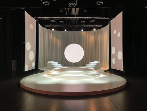 The stage has a circular backdrop of various sizes, with a white LED screen in the center and left-right, a 3-stage, all-white stage floor for showing 3D