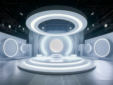 The stage has a circular backdrop of various sizes, with a white LED screen in the center and left-right, a 3-stage, all-white stage floor for showing 3D