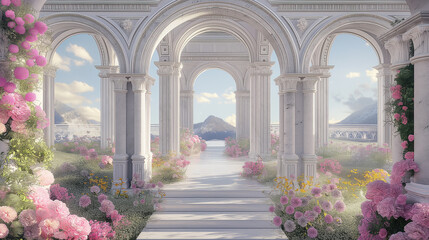 Fototapeta premium The stage design, Catwalk design, Roman-style arch, has two columns, in the middle is a white marble arch, the surrounding area has flower fields. 3D render