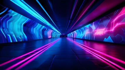 Surreal neon-lit tunnel with soft glows and lens flares from defocused lights, creating a futuristic and mesmerizing atmosphere, completely empty and serene