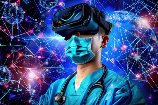 A doctor or nurse wearing a virtual reality headset and a face mask stands against a backdrop of a glowing network of interconnected planets