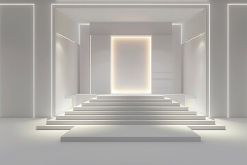 Fototapeta premium The stage has a rectangular backdrop of various sizes, with white LED screens in the center, left and right, and a 3-step, all-white stage floor for performances. 3D performances