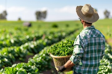 A side view farmer in field holding a vegetable bucket copy space