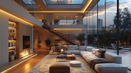In the evening, on rainy day, the super large living room, super large skylight, stairs, sofa, fireplace, warm, and ultra high definition glass create a grand. Generative AI.