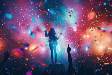 Naklejka premium A vibrant concert scene with a silhouette of a performer on stage, surrounded by a cheering crowd. Colorful confetti
