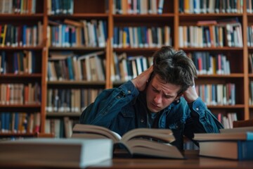 A young man sitting at a library table with shelves of books in the background, his hands on his head, looking stressed