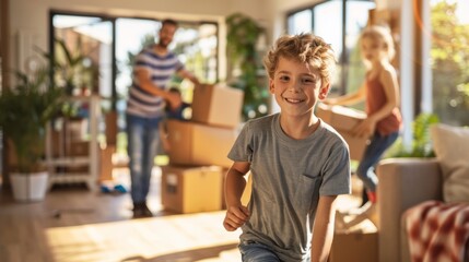 Family moving in new home. And Unpacking Boxes.