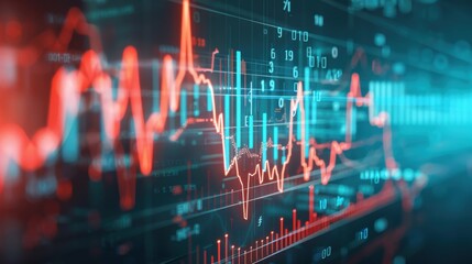 Double Exposure Economic Recession and Boom: Double exposure of an economic recession with falling red graph lines and an economic boom with rising green graph lines, overlaid on a digital screen.